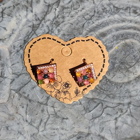 Elegant Multicolor Gemstone Square Earrings - Picture 3 of 4